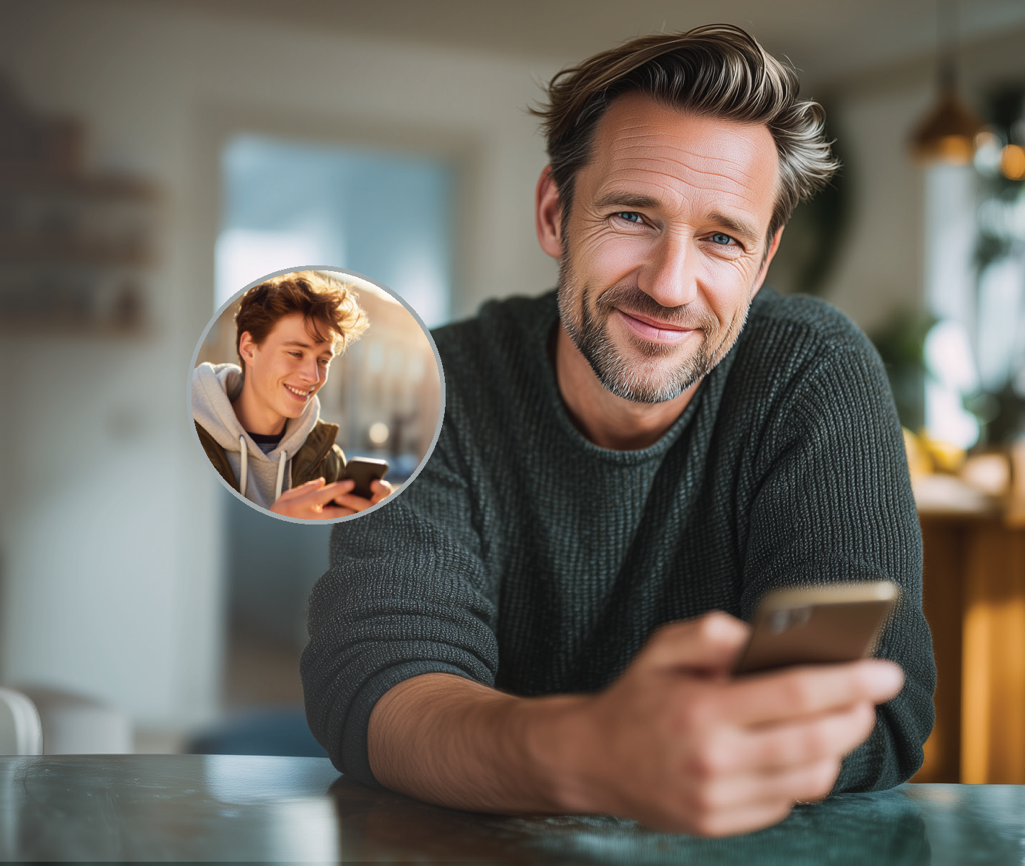 ritratto di un uomo con lo smartphone in mano che sorride. nell'immagine è presente un cerchio dove si vede un ragazzo simile e più giovane, altrettanto sorridente e con lo smartphone in mano. l'immagine rappresenta il trasferimento di denaro da padre a figlio tramite la app BKN301 e MasterCard Move.