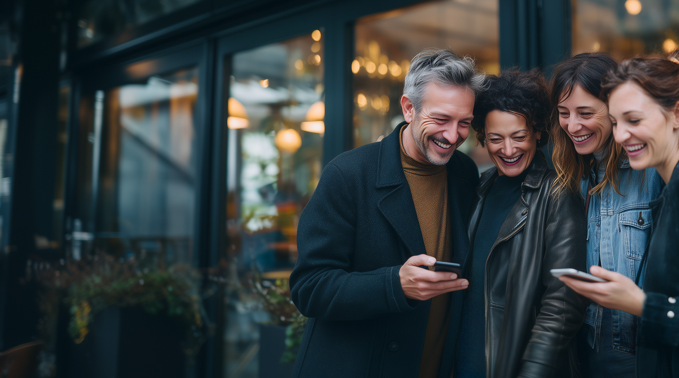 fotografia di persone sorridenti in semicerchio che stanno guardando gli smartphone perché si stanno scambiando denaro tramite la app BKN301 e Mastercard Move.
