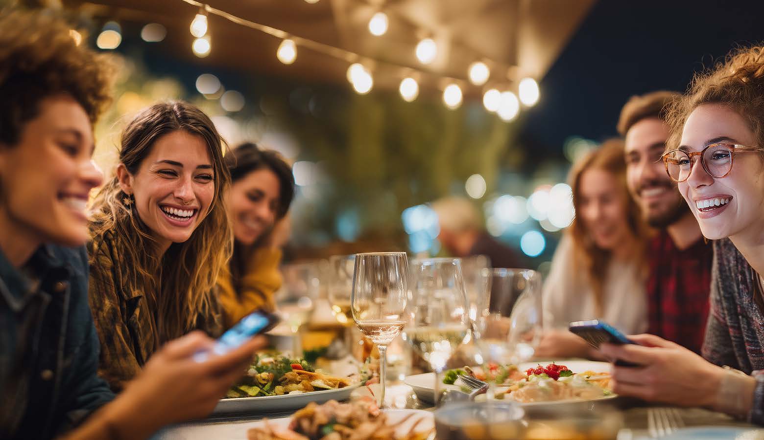 fotografia di ragazzi attorno a un tavolo a cena che si divertono e si stanno scambiando denaro tramite la app BKN301 e Mastercard Move.