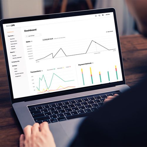 Interfaccia di banking digitale di BKN301 su laptop che mostra gestione conti, transazioni, carte e statistiche finanziarie
